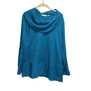Soft Surroundings Womens Blue Cowl Neck Roll Tab Sleeves Tunic M Lagenlook Artsy